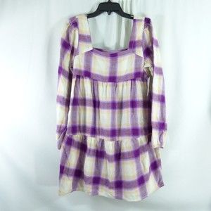Bp. Plaid Minidress Women's Purple Square Neck Puff Long Sleeve